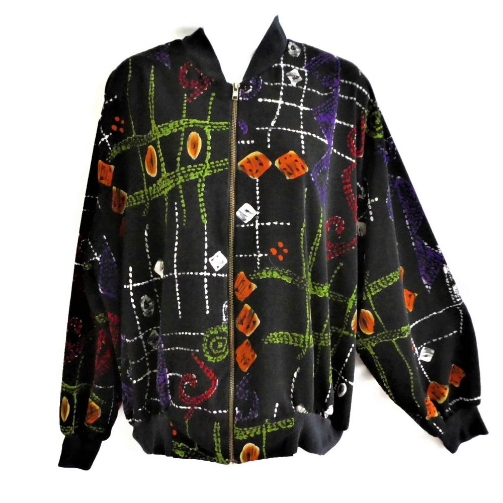 Vintage Black Windbreaker Bomber Jacket Full Zip Knit Cuffs Geometric Print